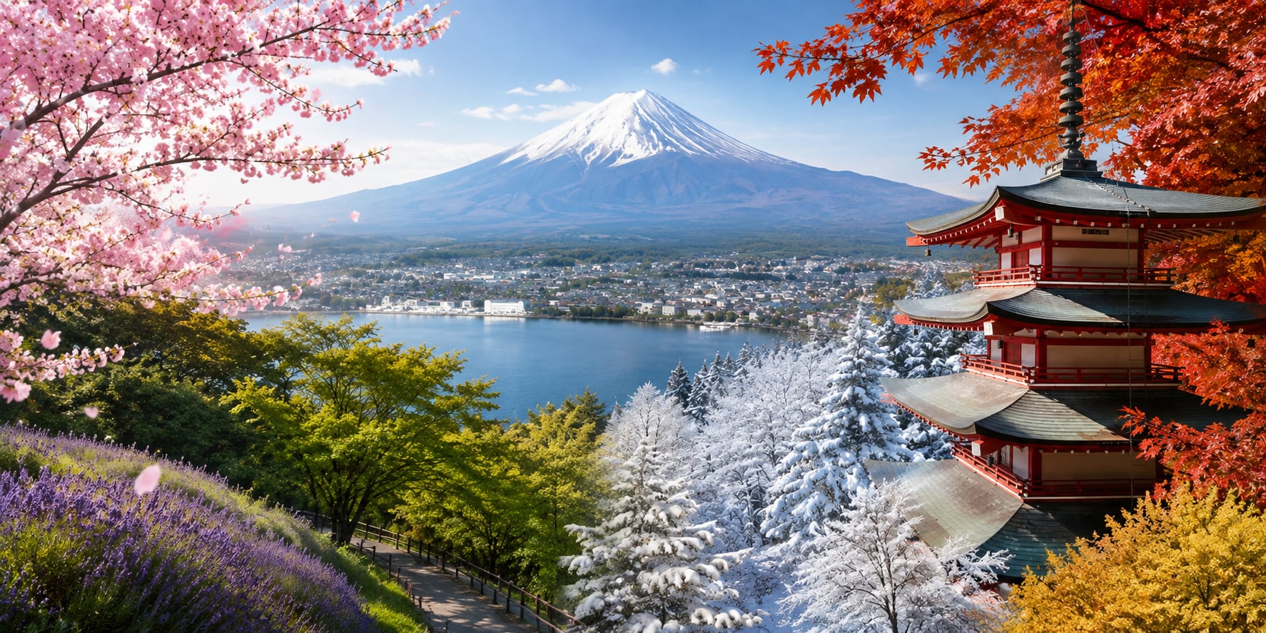 Composite view of Mount Fuji through all four Japanese seasons: cherry blossoms, green summer trees, autumn foliage, and snow
